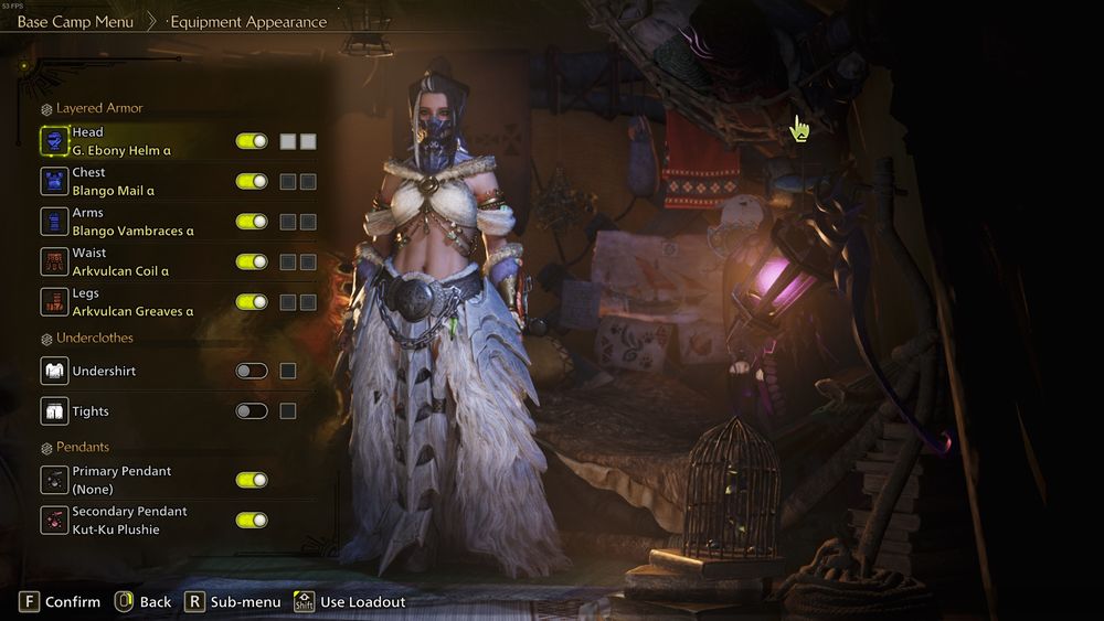 A screenshot of my monster hunter wilds character. She is wearing an arabian? style chest piece and a big white fur skirt thing that falls all the way to her feet. Her abs are very defined