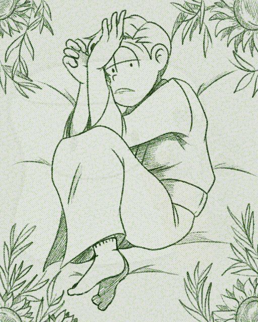 fanart of Choromatsu Matsuno, specifically his Denki Mystery version Chorosuke Midorito. He's lying on a soft surface, surrounded by sunflowers.