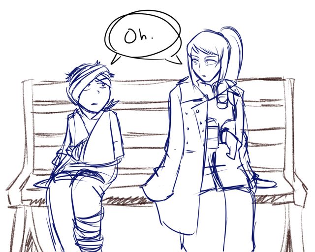 A drawing of karamatsu matsuno (based on the karamatsu incident), and artorius from tales of berseria. Both have injured arms, and are looking at each other going "oh."