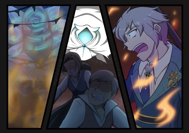Fanart for tales of crestoria, referencing chapter 3 of the game with the transgressors being destroyed by enforcers, and aegis watching in anger and horror