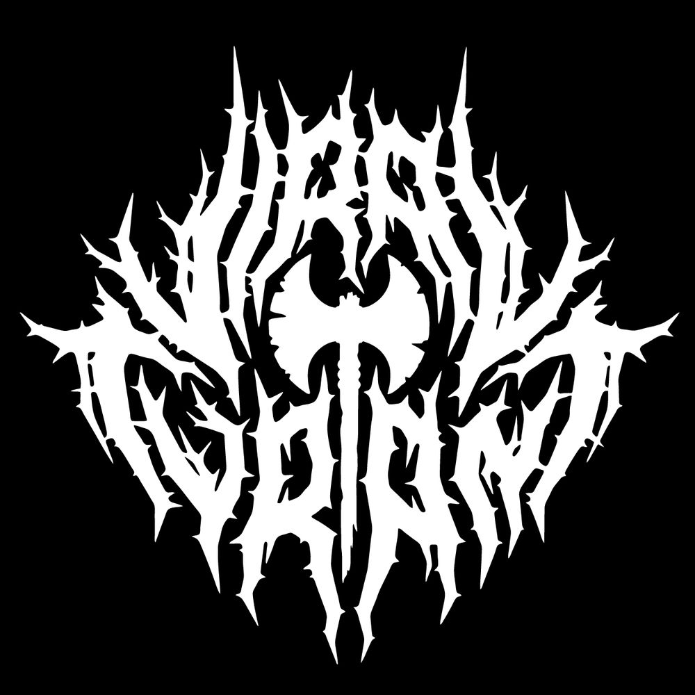 Heavy metal logo, white on a black background. Spiked, angry organic letter forms on the edge of readability surround a central medieval axe (chipped and broken) in a not quite symmetrical organization. The words read “Viral Tyrant”