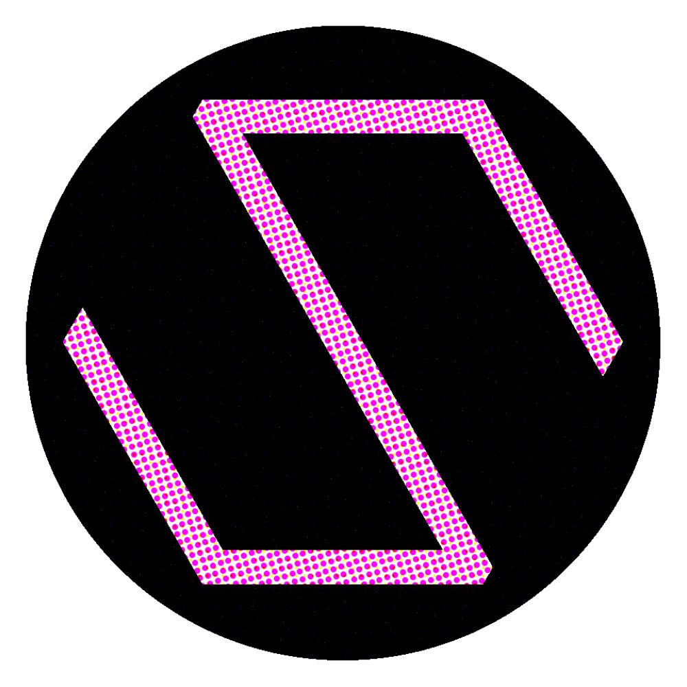 a pink s made out of a hexagon against a black background, all colored in halftone dots 