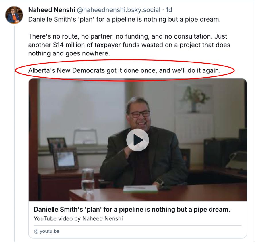 Nenshi quote inre pipelines: "Alberta's New Democrats got it done once and we'll do it again."