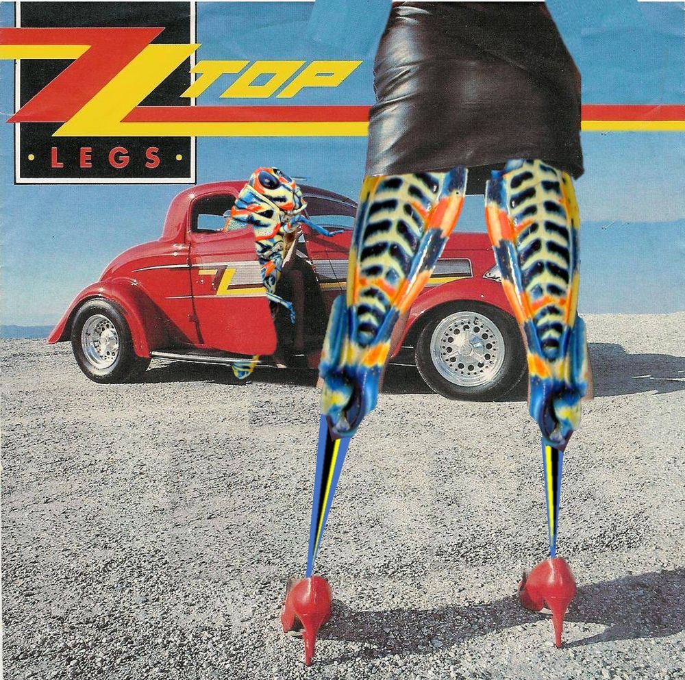 Modified cover of ZZ Tops classic cover for single "Legs" with a hotrod red classic car on a salt pan with a mini-skirted, long-legged red high heel-wearing lady in the forefront of an individual climbing out of the car in the background. In the modification a rainbow grasshoppers legs replace the lady's legs and a human sized rainbow grasshopper is stepping out of the vehicle.