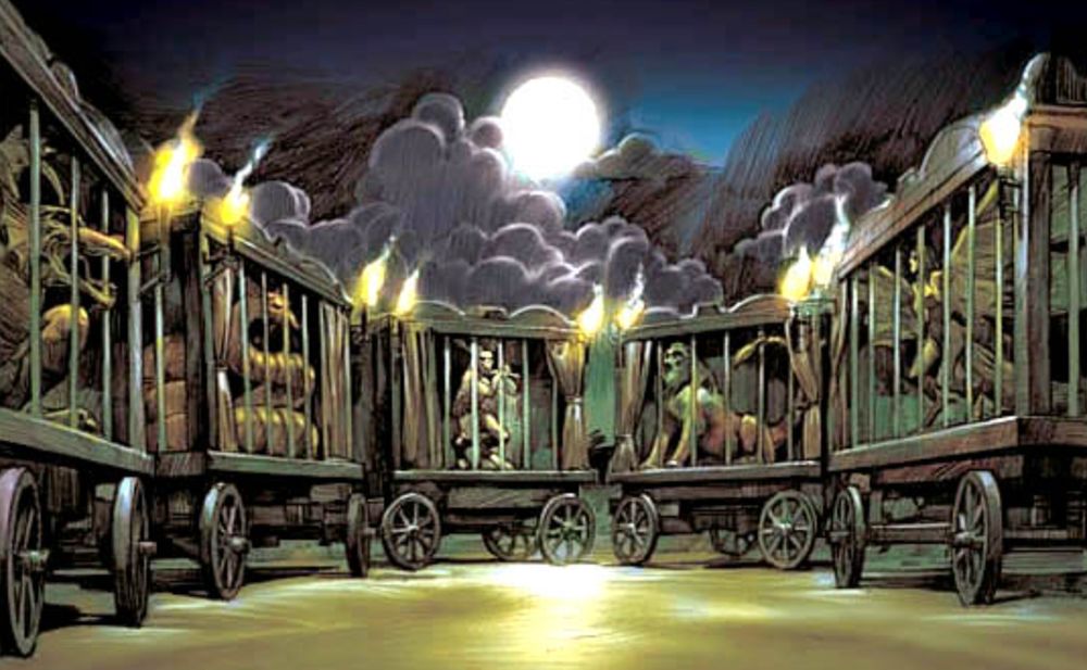 Illustration of magnificent creatures held captive in cart cages in a miserable midnight carnival from the cartoon movie The Last Unicorn.
