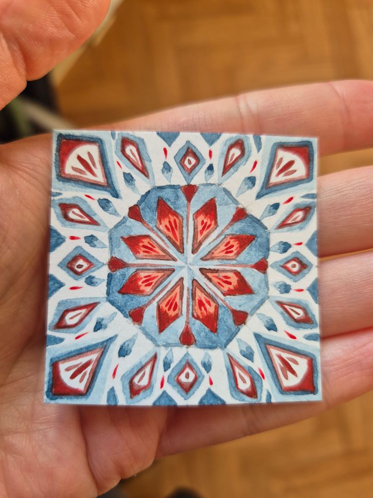 Another small watercolor patterns square, in grey blue and brownish reds