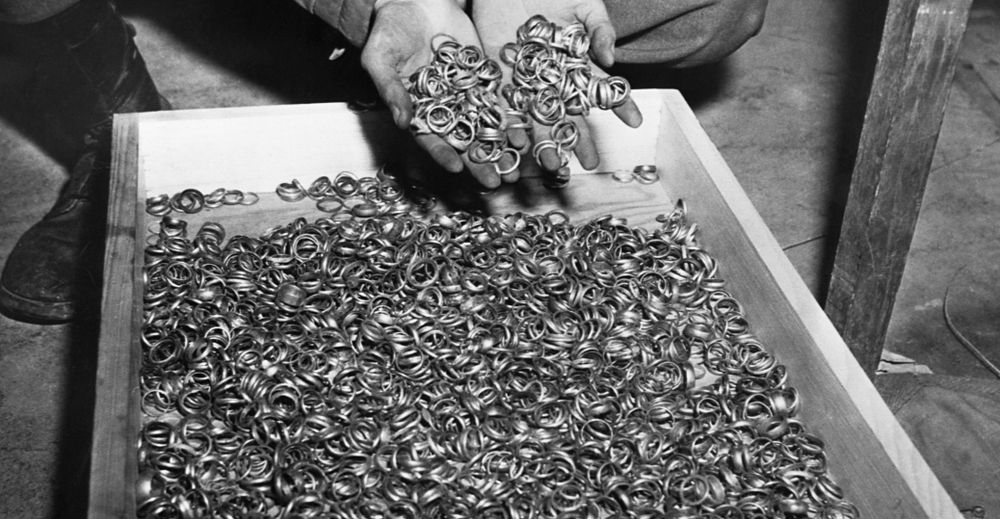 A tray of wedding rings stolen from holocaust victims