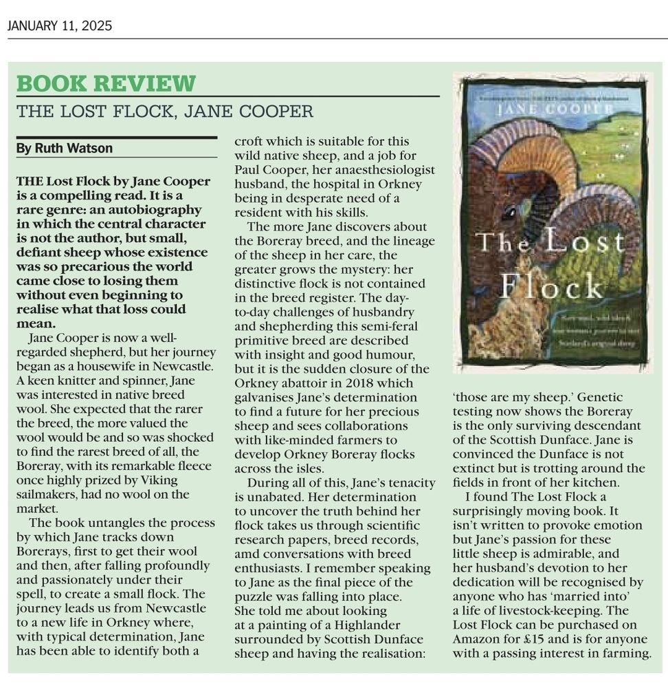A screenshot of a book review by Ruth Watson in The Scottish Farmer about a book called The Lost Flock by Jane Cooper. 