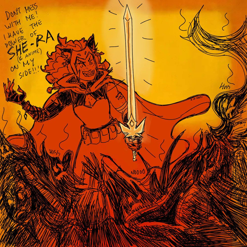 [art from 2022] warlock catra is holding she-ra's sword against a horde of enemies that are being obliterated by its light. she says: "don't mess with me! i have the power of she-ra and anime on my side!"