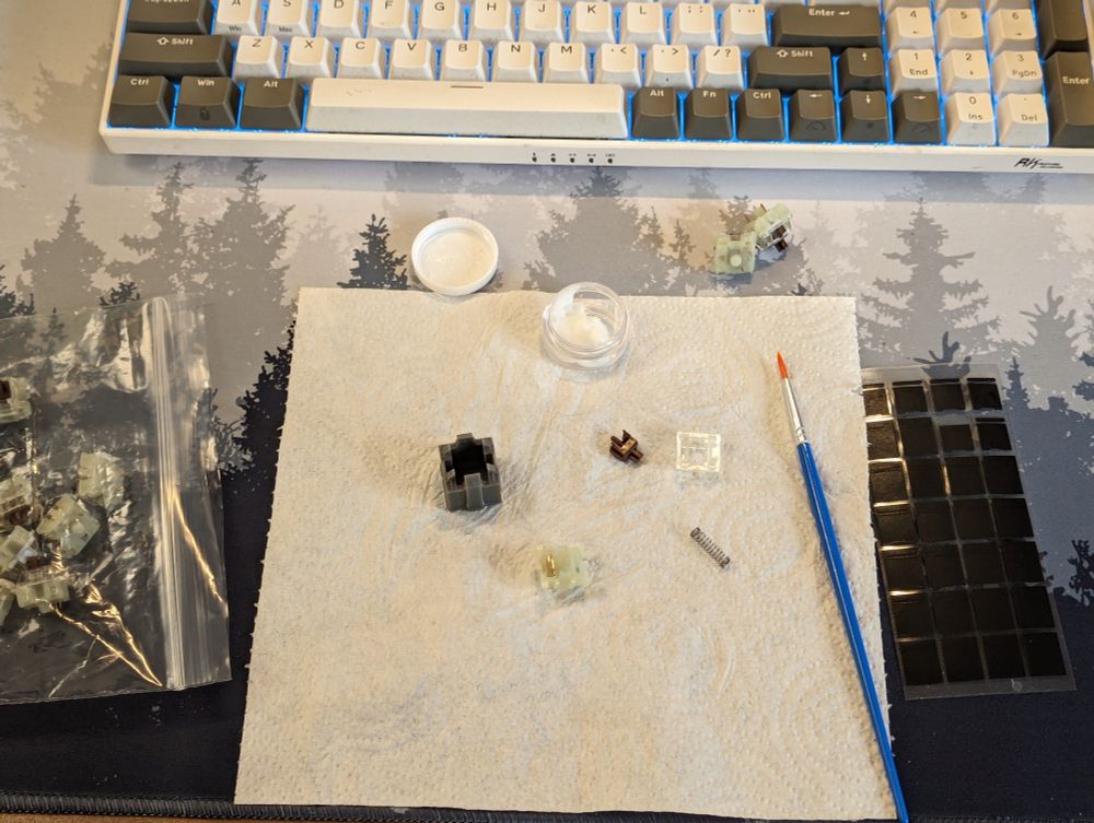 Cherry MX key switch in parts, with a switch opening tool, lube, and switch films.
