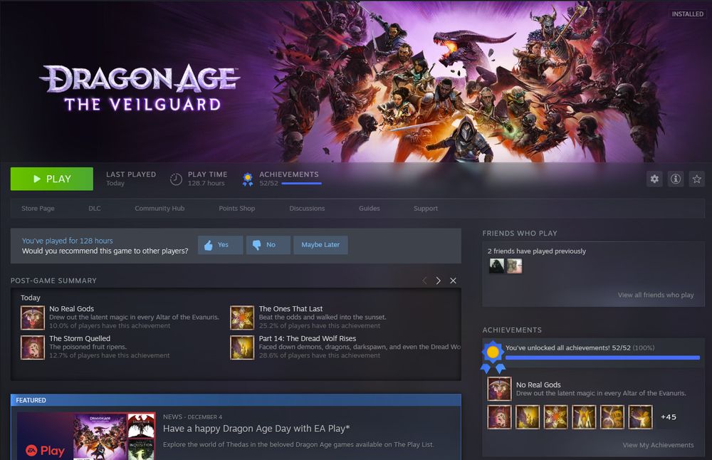 A screenshot of my Steam page for Veilguard showing all achievements unlocked
