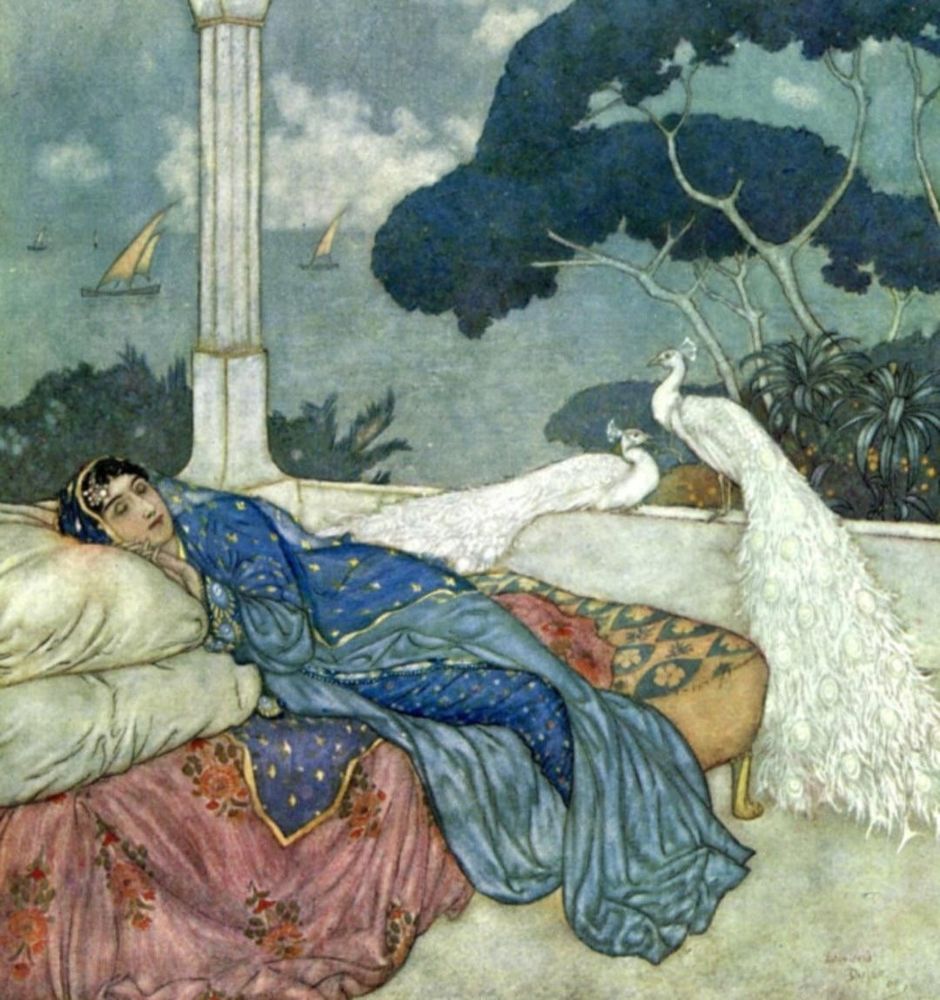 Dulac illustration of a woman and white peacocks from the Rubaiat of Omar Khayyam.