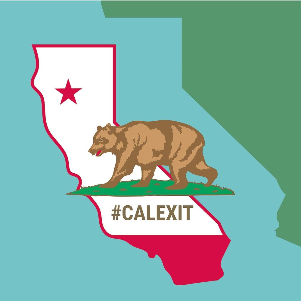 A drawing showing California physically leaving the United States. Representing secession.