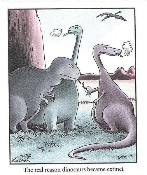 Cartoon showing dinosaurs smoking cigarettes and implying that smoking was the reason for this extinction.