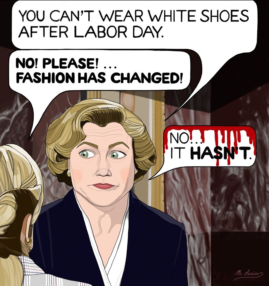 Cartoon representation of a scene from the film Serial Mom about wearing white shoes after Labor Day 