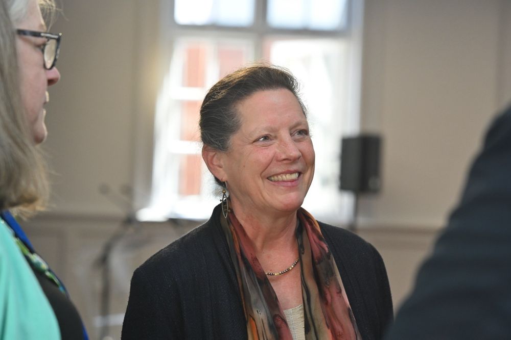 Dr Alison Cook-Sather speaking with participants at the HEA Student-Staff Partnership Workshop, engaged in conversation.
