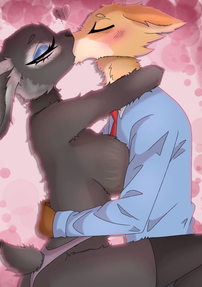An anthro hare is topples and kissing an anthro fox wearing a blue shirt with a soft blush. 