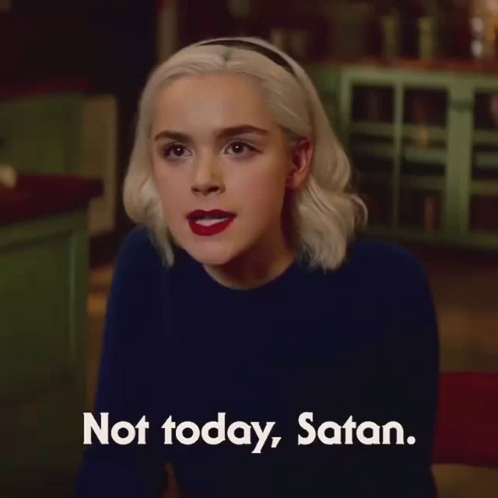 a woman with blonde hair and red lipstick says not today satan