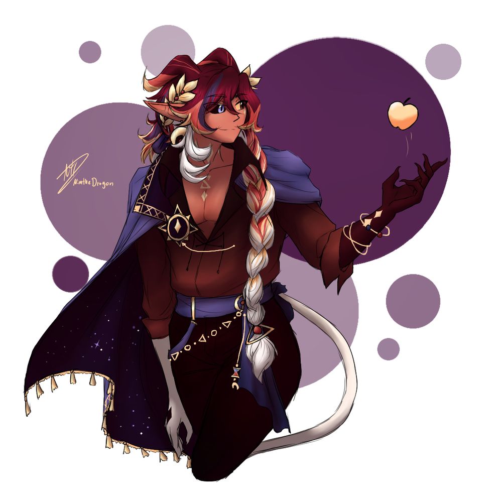 A drawing of a male/androgenous character. They have tan skin that goes black towards the left arm and white towards the right, pointy elf ears and two different coloured eyes, one brown with a yellow sclera and one blue with a black sclera. The have long multicoloured hair going from dark red at the roots over ginger to blonde and white at the tips, that is kept in a messy short ponytail at the back as well as a long braid over the shoulder. They also have waveshaped horns in the same colours. They are wearing a brown shirt that gapes over the chest, dark brown pants and a purple shawl/scarf over the shoulders as well as a purple wrapped belt. They are decorated with several holden accessories like a sun symbol at the chest, a wreath around the head, an ornate belt as well as a couple bangles on their arm. They are posed towards the viewer, though with their gaze towards the side as they are casually throwing a golden apple into the air with their left hand. the background is kept simple in while with purple circles.