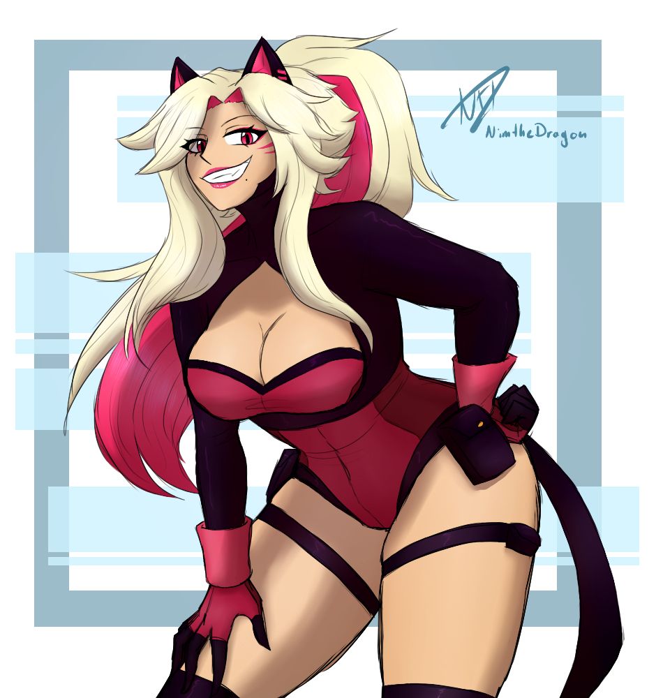 A halfbody drawing of a female character with pale skin and blonde hair with pink underside that is up in a long ponytail. She is posed leaning forward one hand on her hip and the other placed on her upper thigh. Her eyes are pink and she is looking slightly down at the viewer with a bright grin. She is wearing a dark pink leotard with a cutout over the chest and long black sleeves and turtleneck. She has matching pink gloves and black garters and two black catears with a pink inside, though the are mechanical in appaereance. The background is kept simple in white with light blue rectangular shapes.