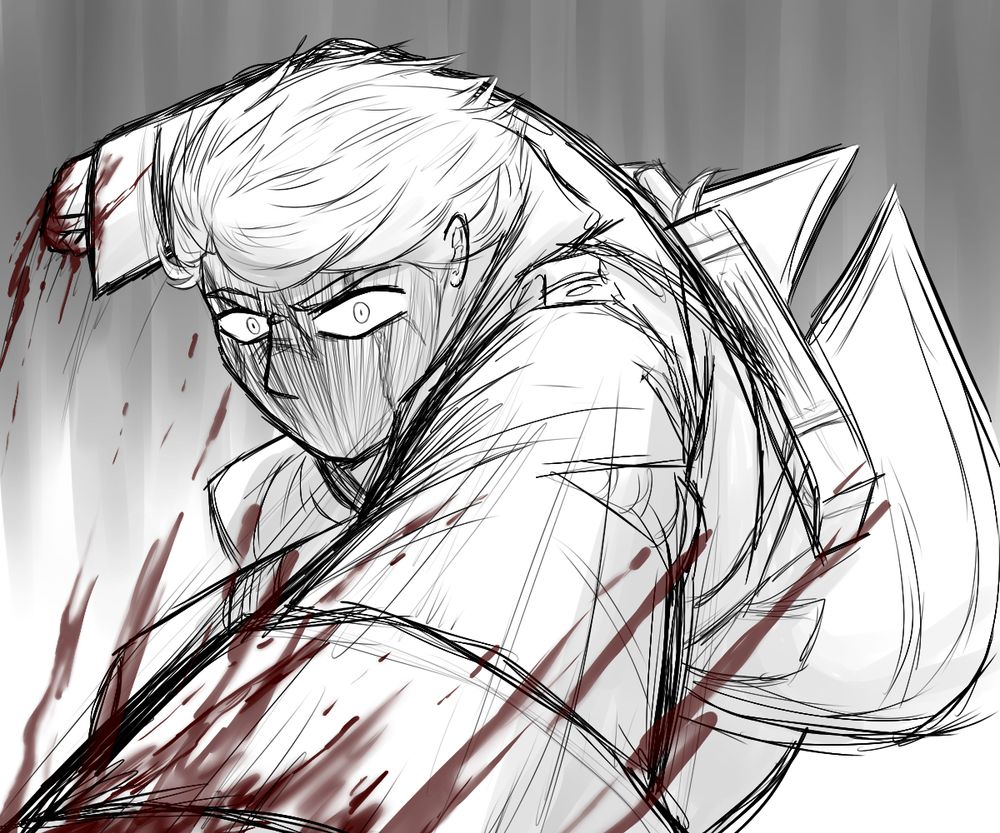 A rough sketch drawing of a male character that is kept in monochrome. He has short hair and is wearing a coat, posed mid fight, hunched forward. Most of the pose is hidden behind his left arm as it reached to the bottom of the canvas, foreshortened as if his fist is hitting just beneath the viewpoint. His right arm can be seen just past his head, drawing back and pulling drops of red blood with it in the swing. His coat is also swaying with the motion. His eyes stare furiously from a darkened face, again at something just beneath the viewpoint. more trails or red splatter up from the bottom of the canvas, implied from where his fist is hitting.