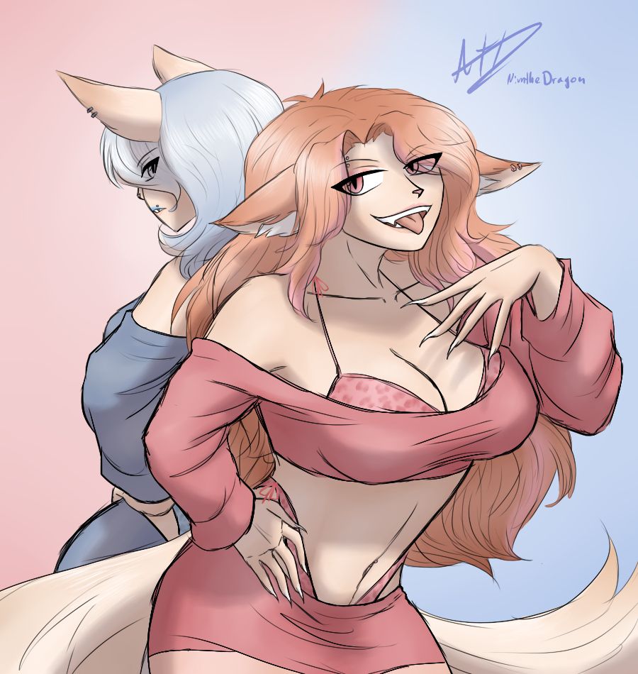 a halfbody drawing of two female characters with fox ears and tails standing back to back, one at an angle towards the viewer, the other behind her. The front one has light skin and messy ginger hair with some pink highlights and pink ears. Her ears are droopy and she is looking back at the other with a devious smile and her tongue sticking out of a bright grin with pointy teeth. She is wearing a small cropped shirt in a pale red with a matching mini pencil skirt, both show her underwear sticking out. She is posed with a hand over her chest and the other on her hip. The one behind her also has pale skin, her ears stand up and she has shoulder length pale blue hair. She is wearing a similar set of clothing in a greyish blue, also with a hand on her hip, though her expression is a lot more serious and stern. The background is kept in a gradient of blue and red that switches about where the characters meet.