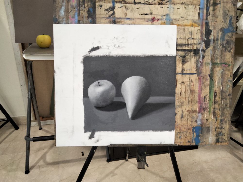 Oil on canvas, study of an apple and cone. Surprisingly well done 👍