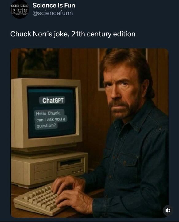 Joke image showing Chat GPT asking Chuck Norris if it can ask him a question. 