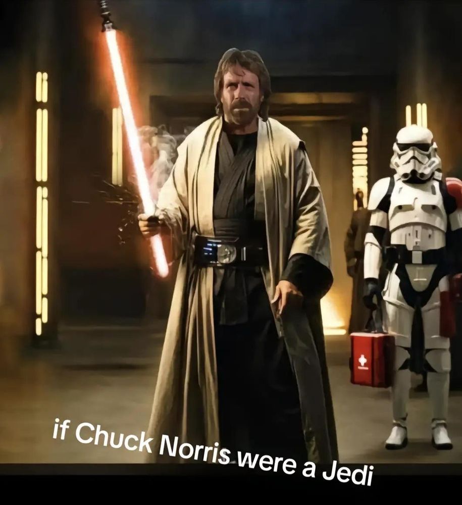 Check Norris as a Jedi, holding the saber upside down.
