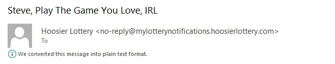 email image from state lotto promoting a chance to "play your favorite game. IRL" 