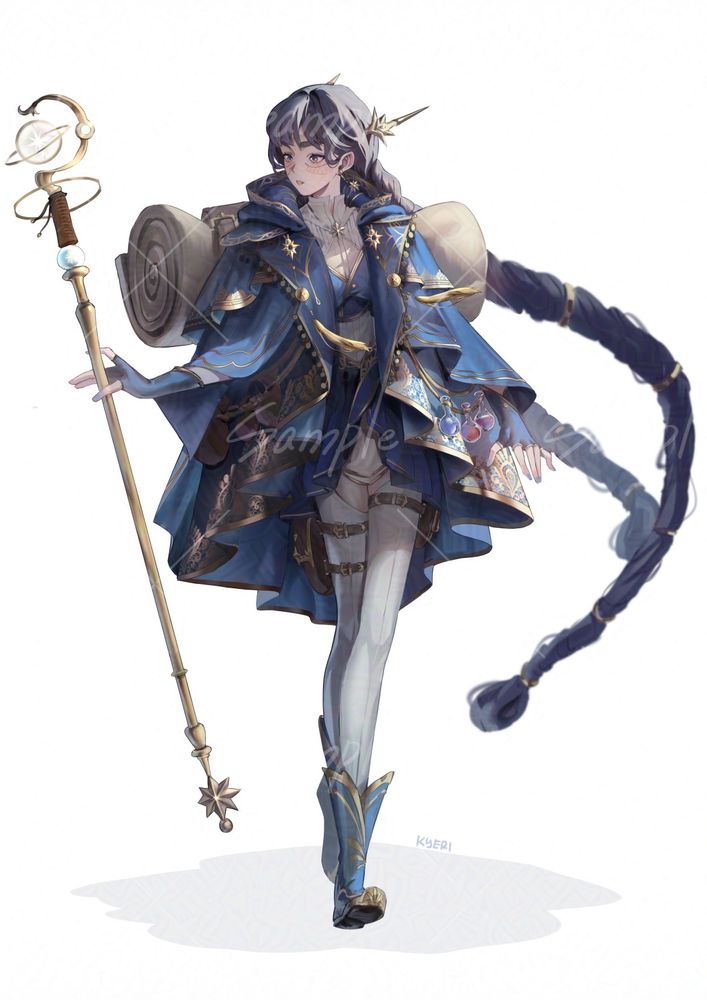 Blue robed mage girl with star motifs, with dark long braided hair and an exploring backback.