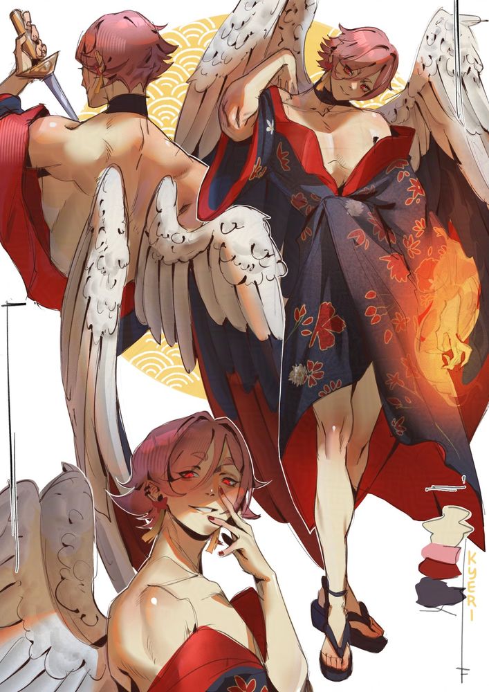 An angel boy with a red flowered black kimono-like robe. He's got pink short hair and red blazing eyes. He's wearing black japanese inspired sandals. In the first he stands looking playfully while casting fire on his left hand. On the second we see his back and how his wings connect to it while he's holding a pointy knife. On the third there's shadow over his eyes, while he looks menacing to the camera.