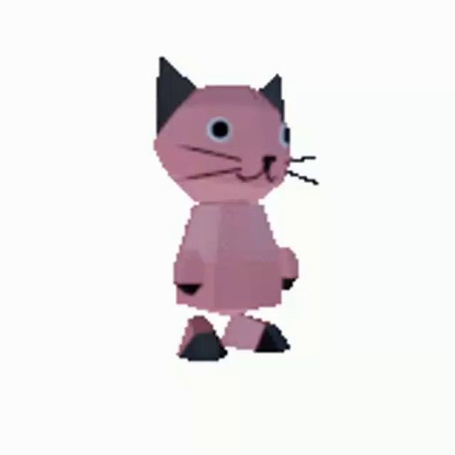 a pink cat with black ears and a black nose is standing on a white background .