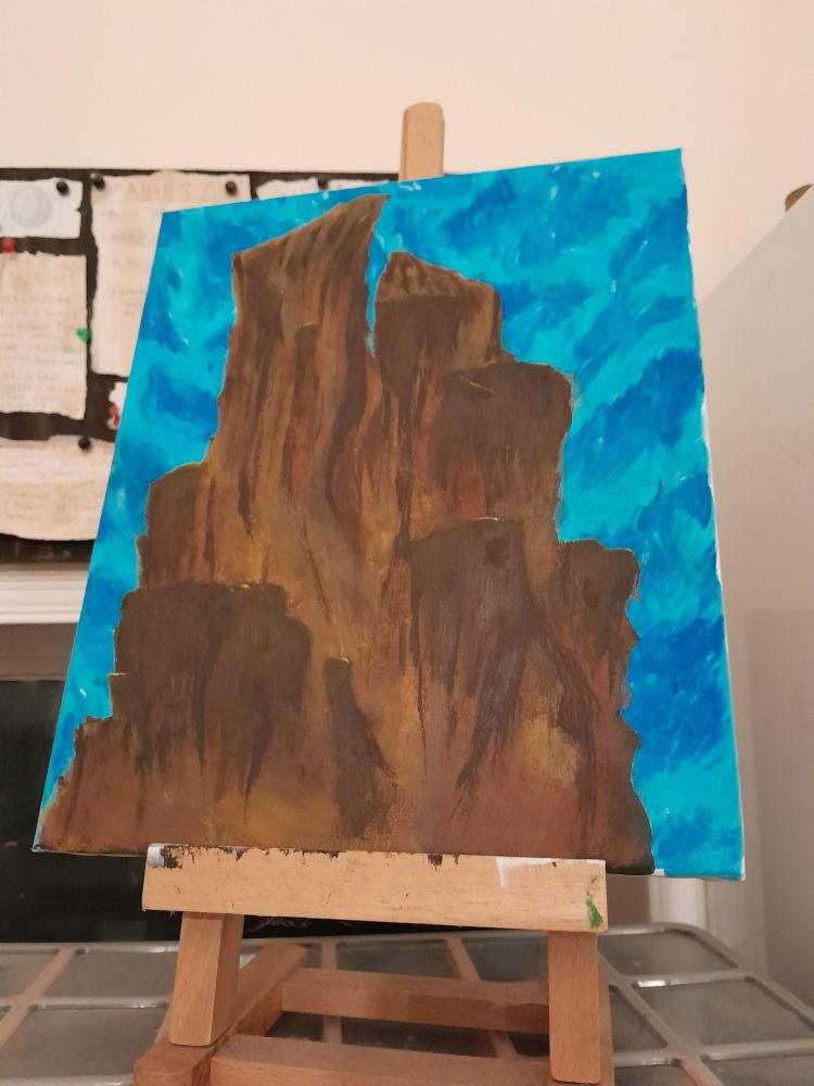 A painting of a big brown rock