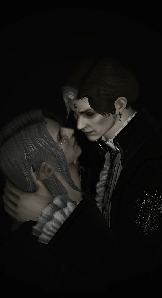 Emet-Selch dressed in black jacket with white ruffles on the sleeves, one hand behind Caius's head and in his hair. Caius stares back at him with a hint of a smile, they are leaning in close to each other as if a competition who will give in first. Colors are muted with blank black background.