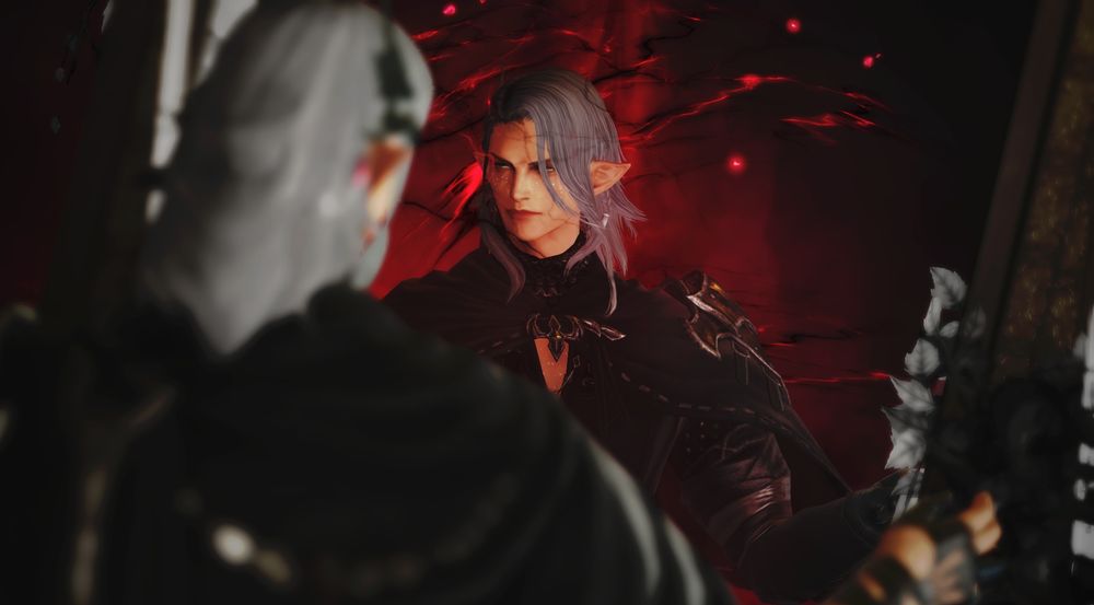 Caius looking at himself in a framed mirror, surrounded by red shadows, frowning expression