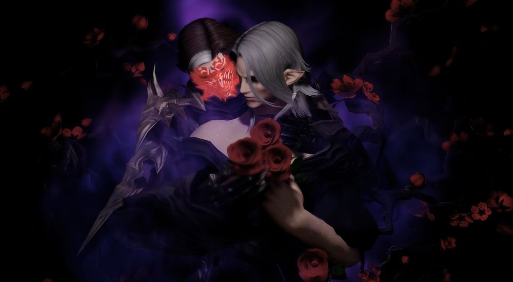 Emet-Selc in ascian robes and the red glyph in front of his face holding Caius from behind. Caius leans into it, his eyes closed while he holds three red roses. Behind them are purple shadows and branches with red flowers. It's dark. 