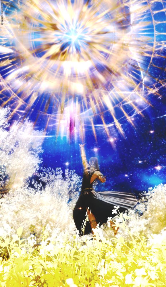 Astrologian Caius on a field of yellow flowers and blue starry sky as background, casting a spell that explodes in the shape of a golden circle 