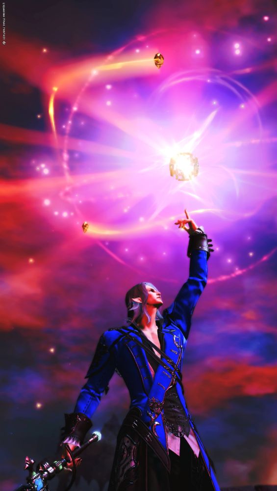 Caius in blue redmage coat holding a rapier and reaching his other hand towards a glowing golden orb in the air. The background is red, purple and blue mix of clouds in the sky. 
