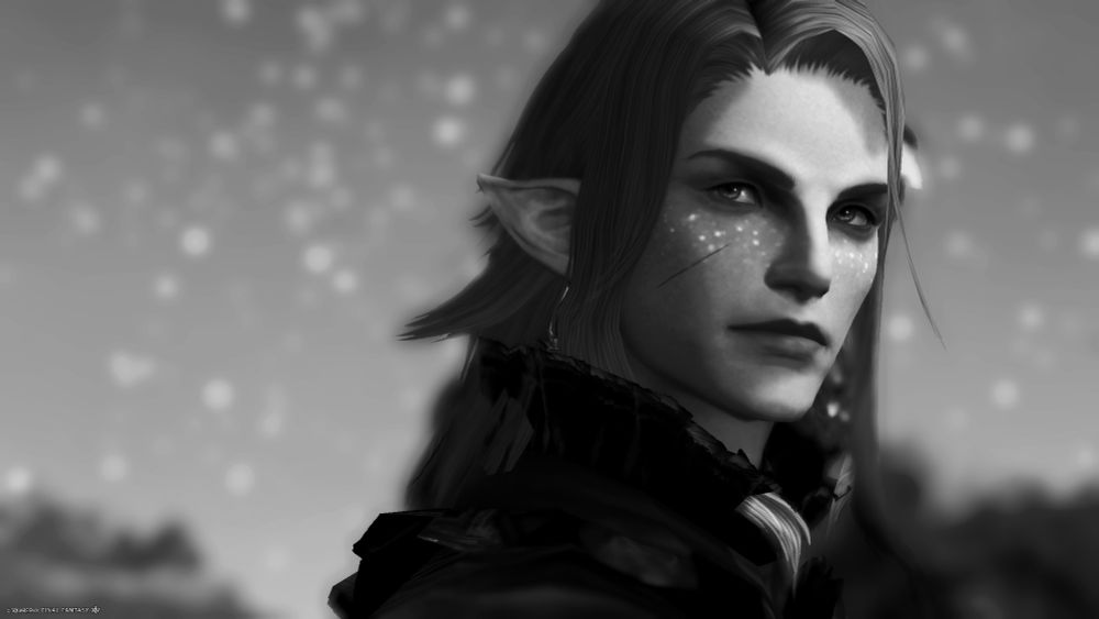 Black and white portrait of Caius looking somewhere behind him, blurred starry sky on the background 