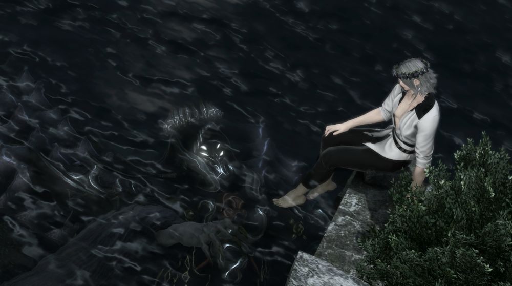 Some kind of sea creature AU, with Caius sitting on a rock at the edge of deep dark water, wearing white shirt and his bare feet in the water. Beneath the surface a creature looking like boss form Hades with glowing eyes and crown stares back