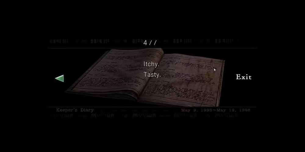 "Itchy. Tasty." journal entry page from Resident Evil