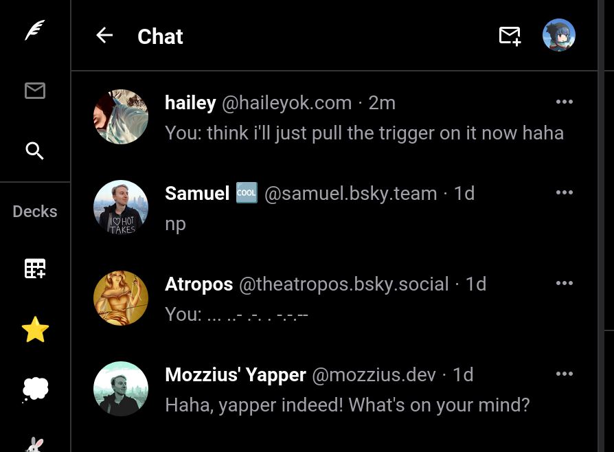 screenshot of Skeetdeck's new chat functionality that lets you privately send messages to other Bluesky users