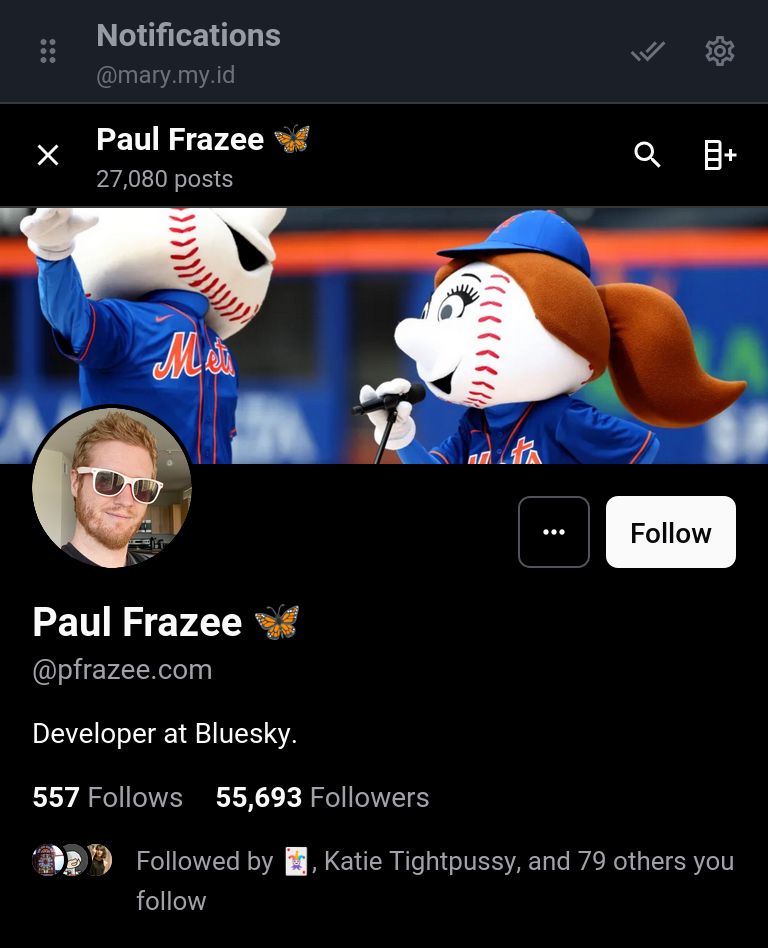 screenshot of Skeetdeck showing @pfrazee.com's profile, there's a thing on the bottom that says "Followed by ..." which makes it easy to know if you should also follow the user!