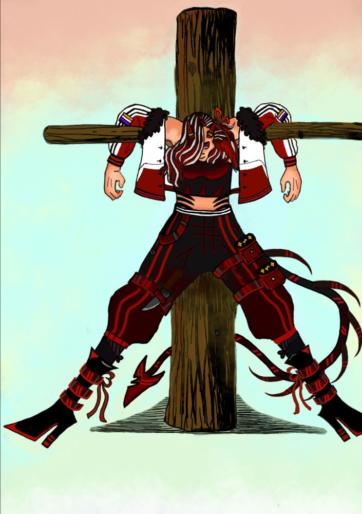 My mate Aster in an iconic Roronoa Zoro pose of him being tied up with his legs spread apart. They are both directionally challenged! Haha!