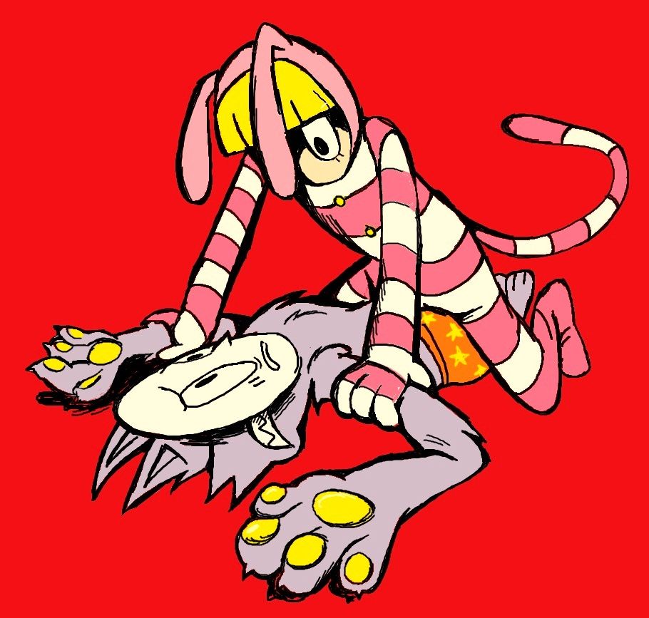 A digital illustration of Kedamono and Popee, from Popee the Performer.