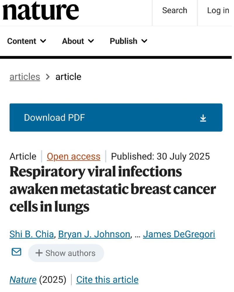 Screenshot der Nature Webseite mit einer gestern publizierten Studie "Respiratory viral infections awaken metastatic breast cancer cells in lungs"