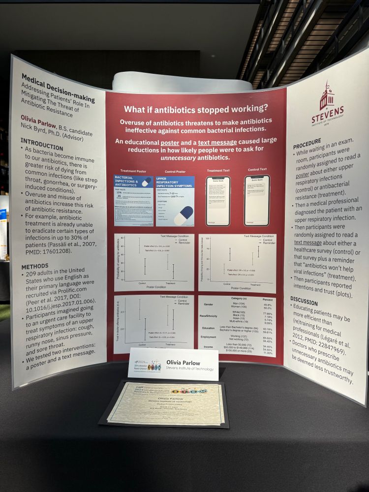 Olivia Parlow's and Nick Byrd's poster reporting two interventions that reduced people's intentions to overuse antibiotics and, therefore, reduced the existential risk of antimicrobial resistance.