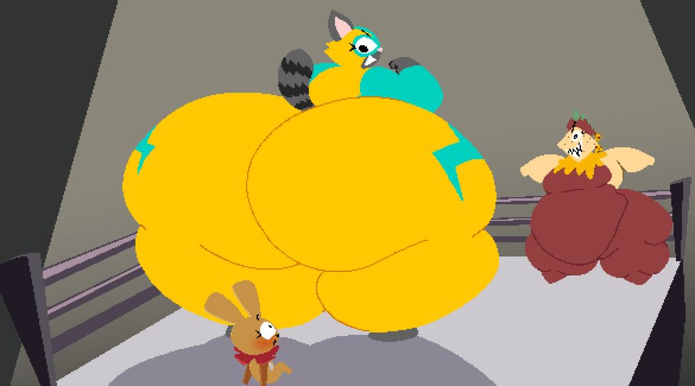 Watson (YaeMoeBhutts) towering over Butterscotch (OC), who is blushing heavily, in a wrestling ring. Anacha (also theirs) looks over at them in the other corner menacingly