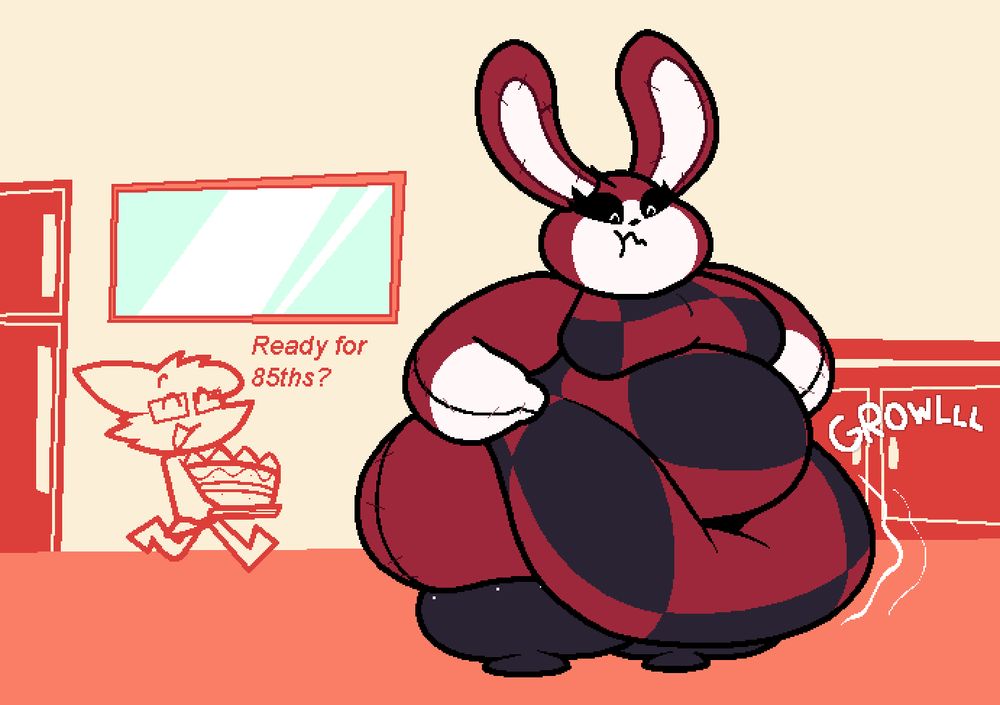 Hanna (plush rabbit OC with red-black checkered fur) fattened up, looking down at her huge belly as it growls in a kitchen. In the background, Nameless (sona, fox) is happily walking towards her with a cake on a platter, asking "Ready for 85ths?"